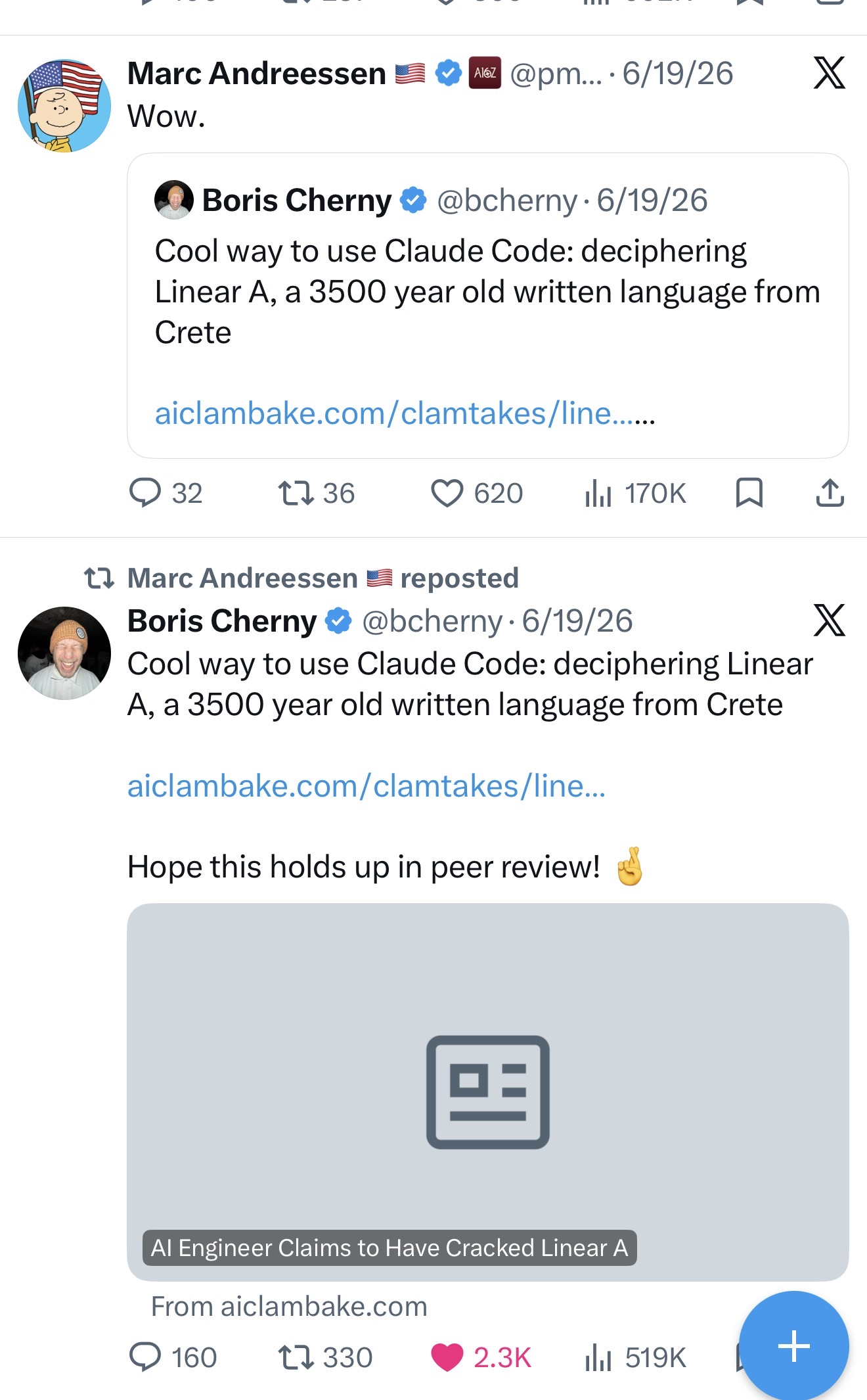 Marc Andreessen quote-tweeting and reposting Boris Cherny's tweet about the AI Clambake Linear A post