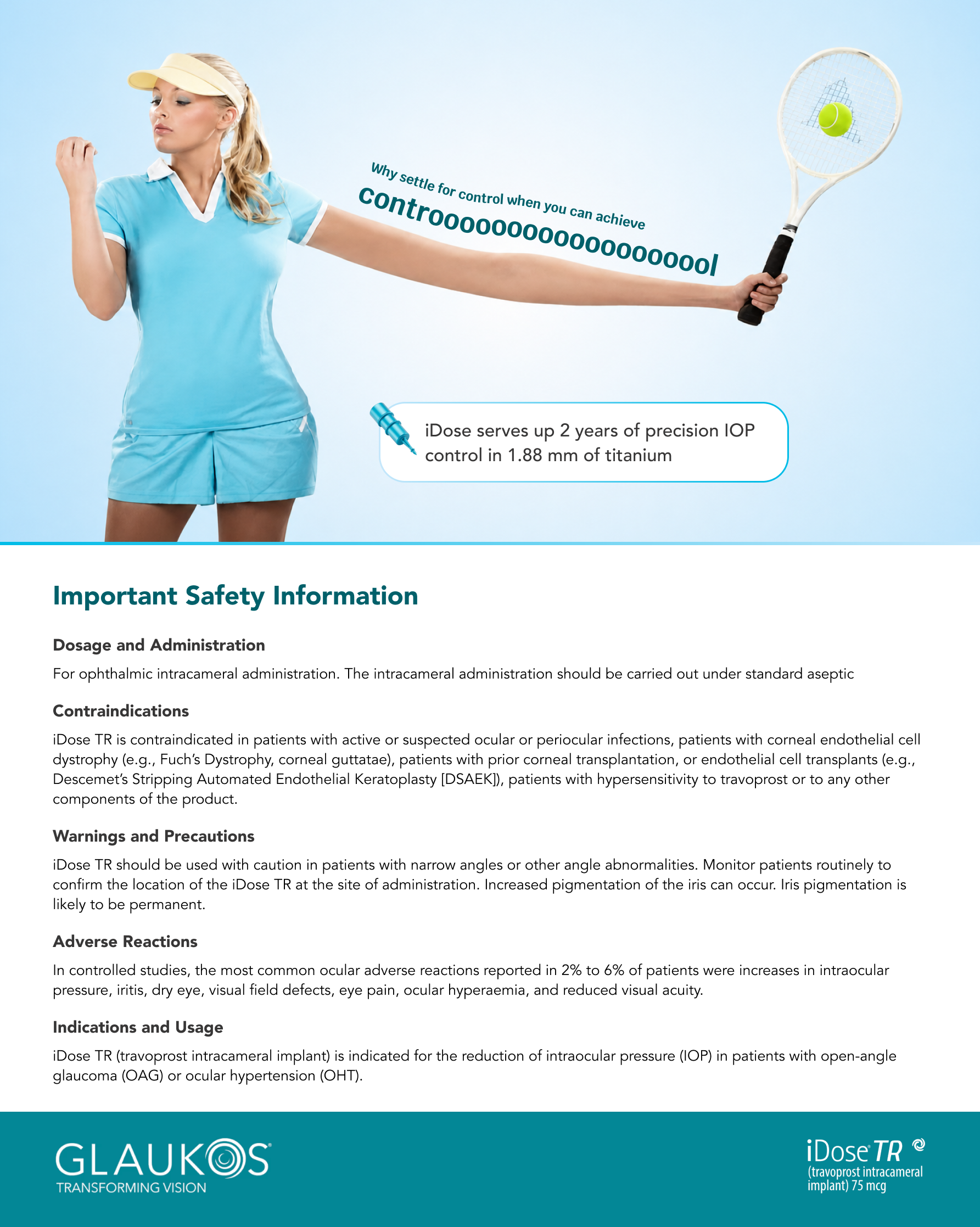 iDose TR magazine ad — tennis player illustrating 2-year IOP control, with full safety information.